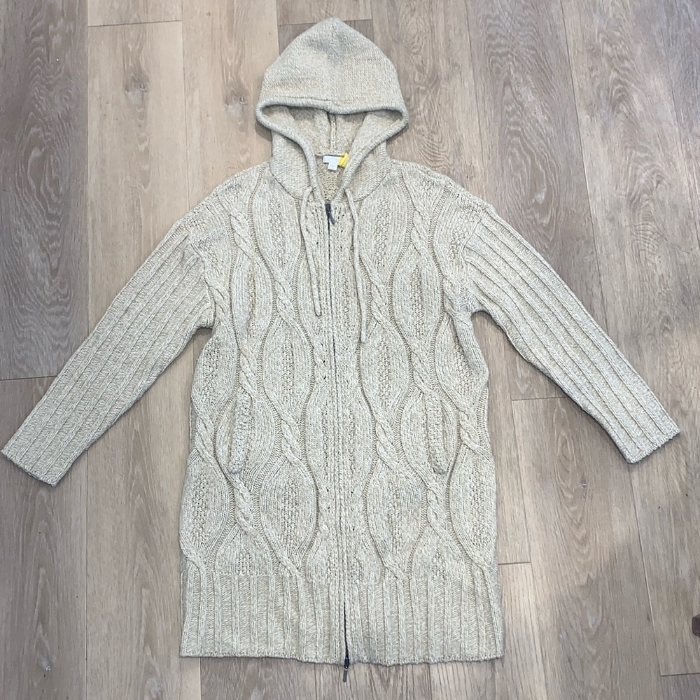 J. Jill Wool Blend Double Zip Hooded Cable Knit Cardigan Sweater L